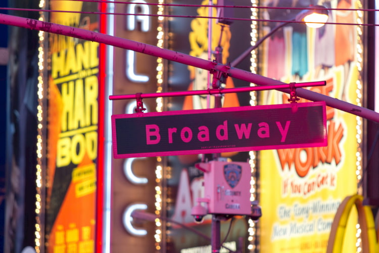 Broadway street sign in front of show posters