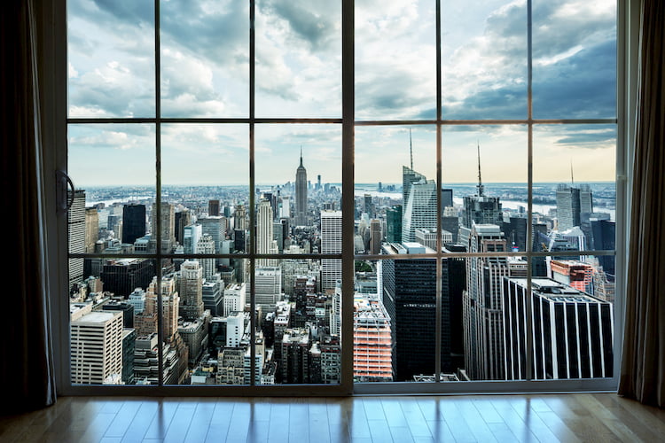 New York City skyline through hotel window.
