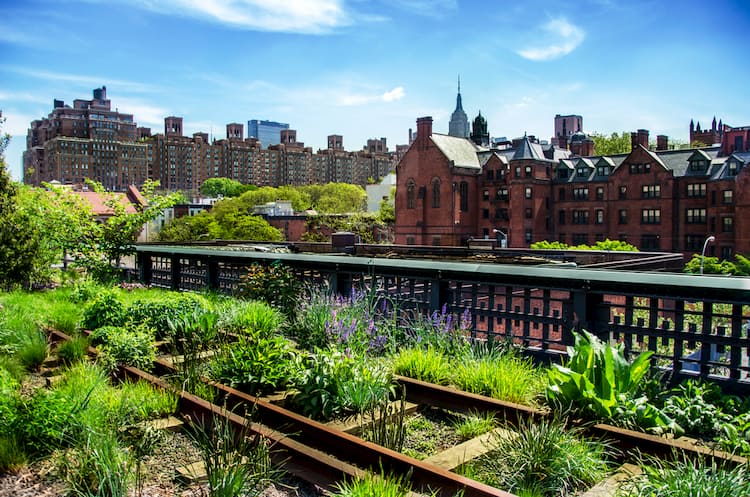 Skyline and gardens seen from the New York City High Line in Chelsea