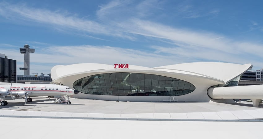 exterior of the twa hotel at jfk airport