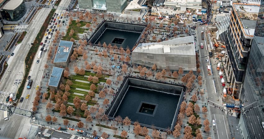 aerial view of the 9/11 memorial and museum in New York City