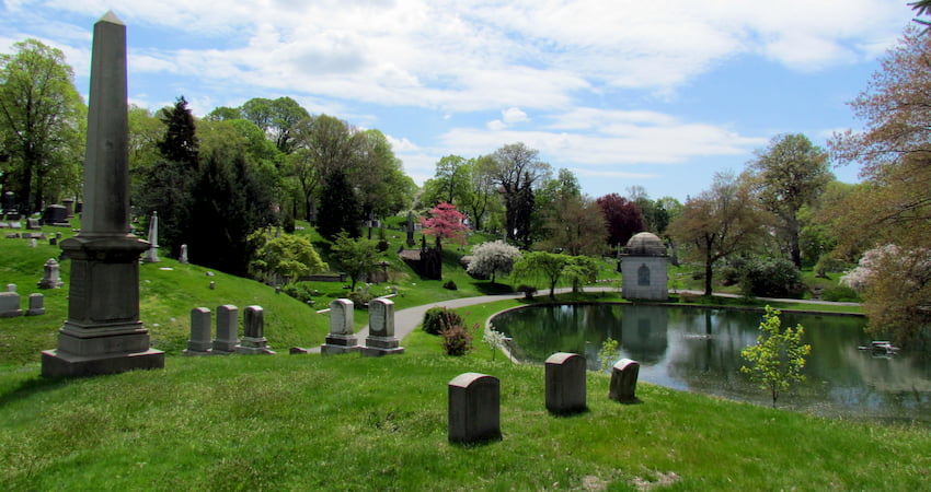 a hillside filled with tombs and mausoleums at Green-Wood Cemetery in Brooklyn
