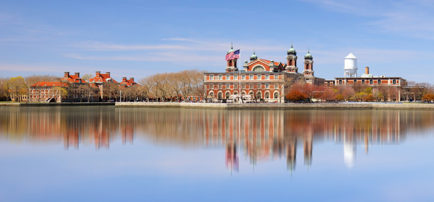 view of the Ellis Island Museum of Immigration from the ferry