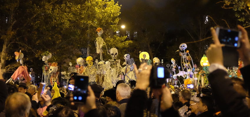 Village halloween parade puppets