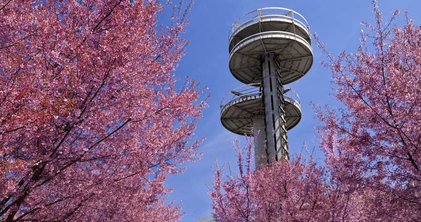 The New York Pavillion observation towers in Flushing Meadows Park.