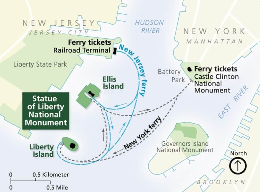 A map of the ferries routes to Ellis Island and Liberty Island