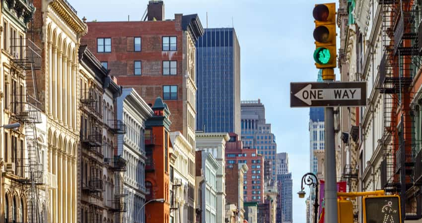 The skyline and buildings lining the streetin SoHo