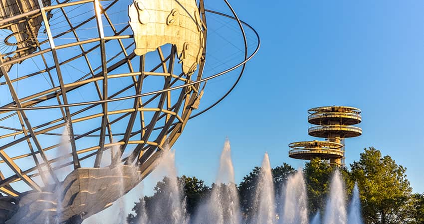 The globe fountain sculpture at Flushing Meadows Corona Park in Queens